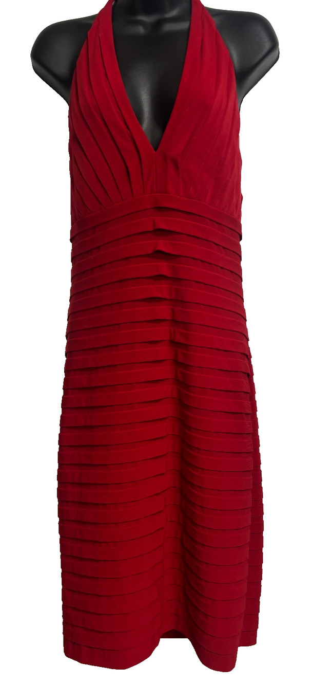Adrianna Papell Tie Halter Dress Women's 16 Red Tiered Pleated Party Cocktail